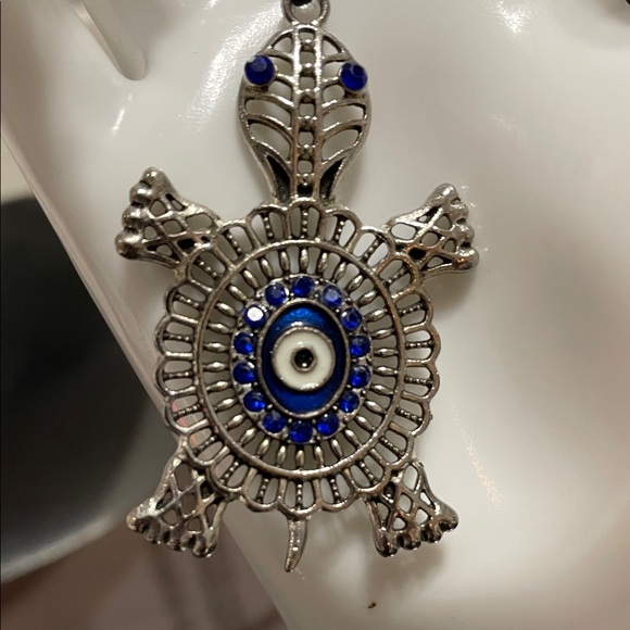 Jewelry - Silver Turtle Evil Eye Pendant Necklace - Blue Accent
